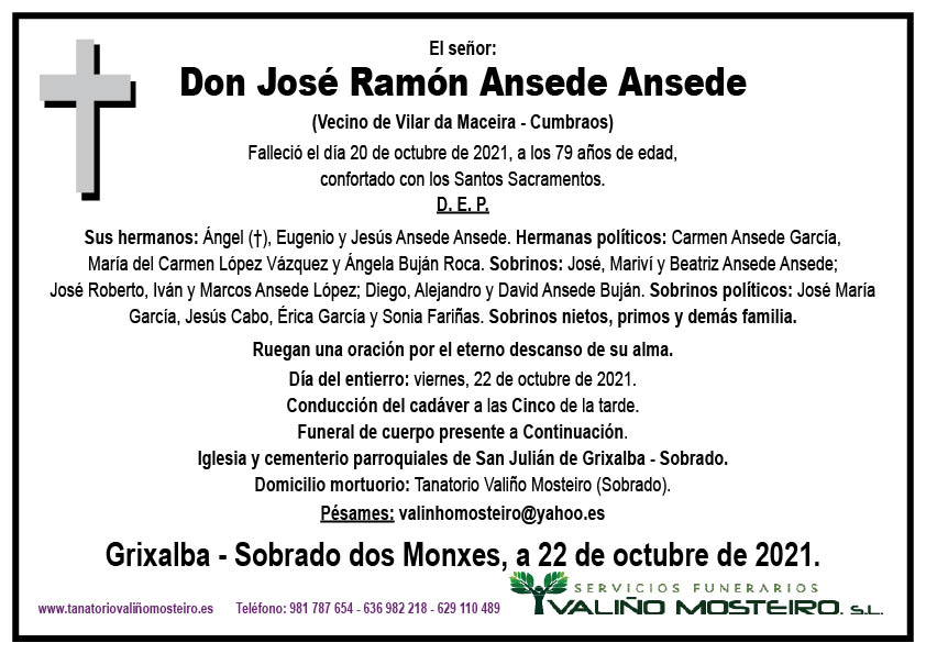 Esquela de José Ramón Ansede Ansede.